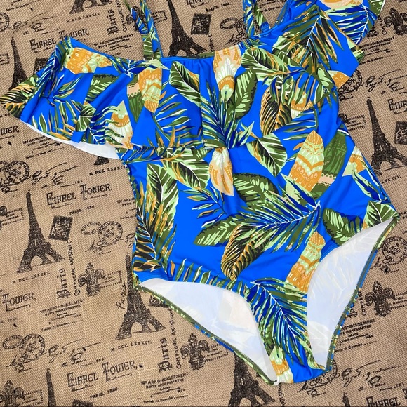 Daci NWT! Blue/Multi Palm Print Cold The Shoulder Swimsuit Size XXL - Picture 2 of 11